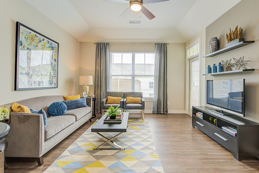 Be sure to clean behind furniture in living rooms like the one seen here at HIghpointe on Meridian Apartments. Apartment living room with wall art, area rug and furnishings