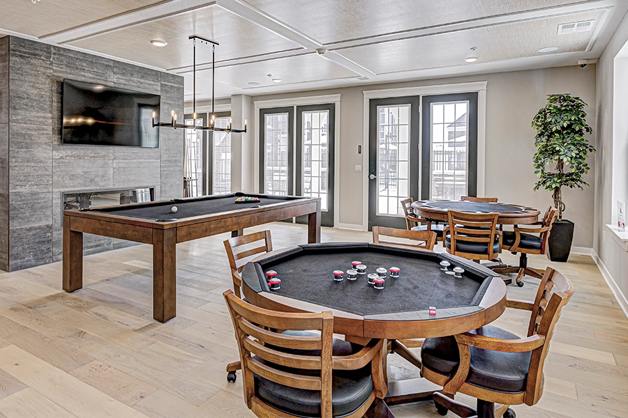 Community game room at Wheelhouse Apartments on the Monon in Westfield